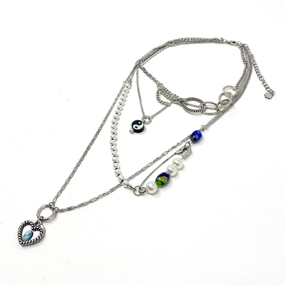New Free People Layered Pearl Charm Necklace Turquoise Silver - Picture 1 of 5